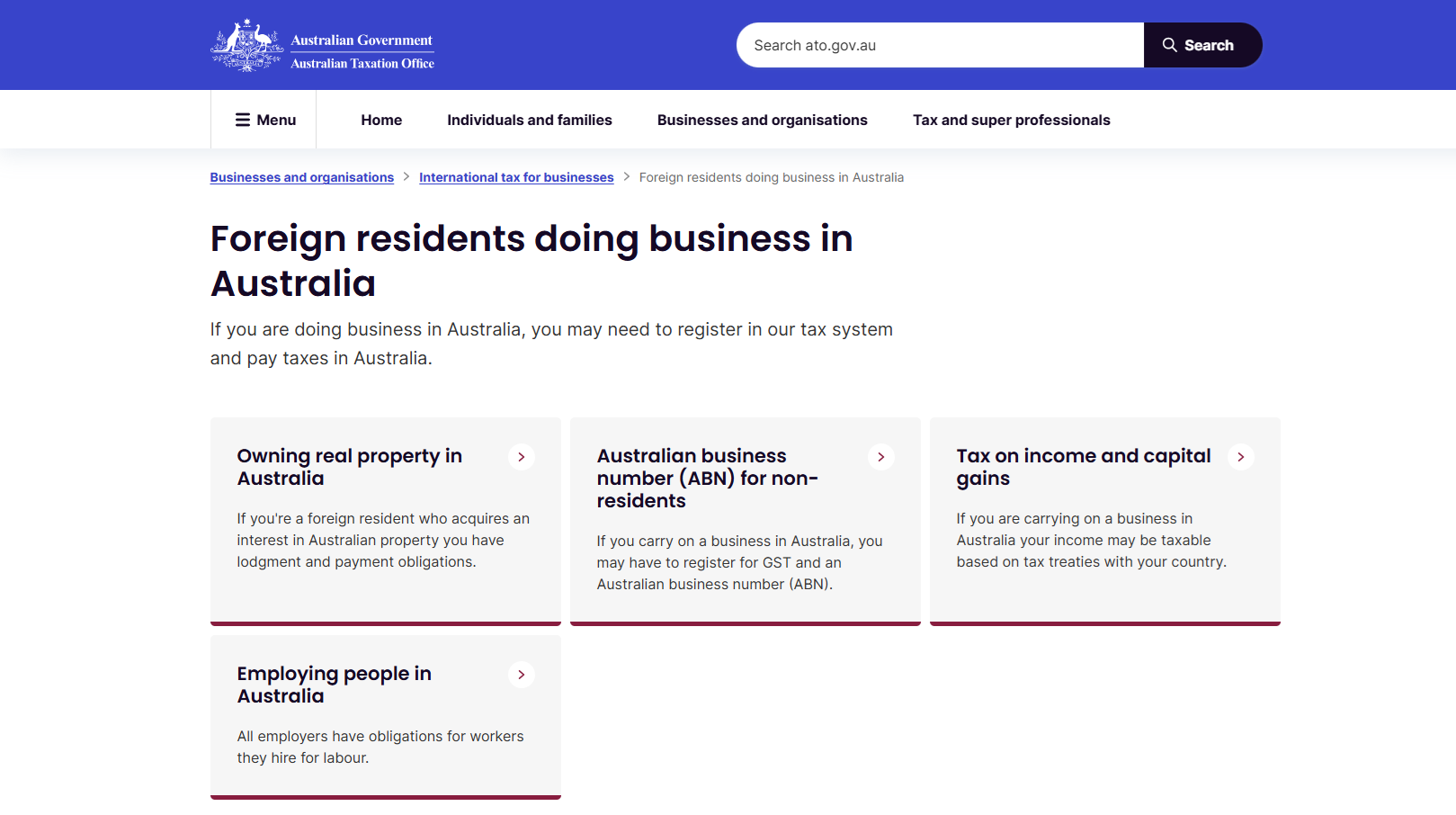 Screenshot of the Australian Taxation Office guidance page for foreign residents doing business in Australia.