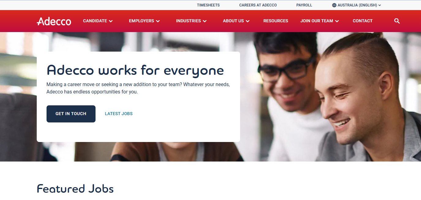 Screenshot of the Adecco Australia website headline stating that Adecco works for everyone.