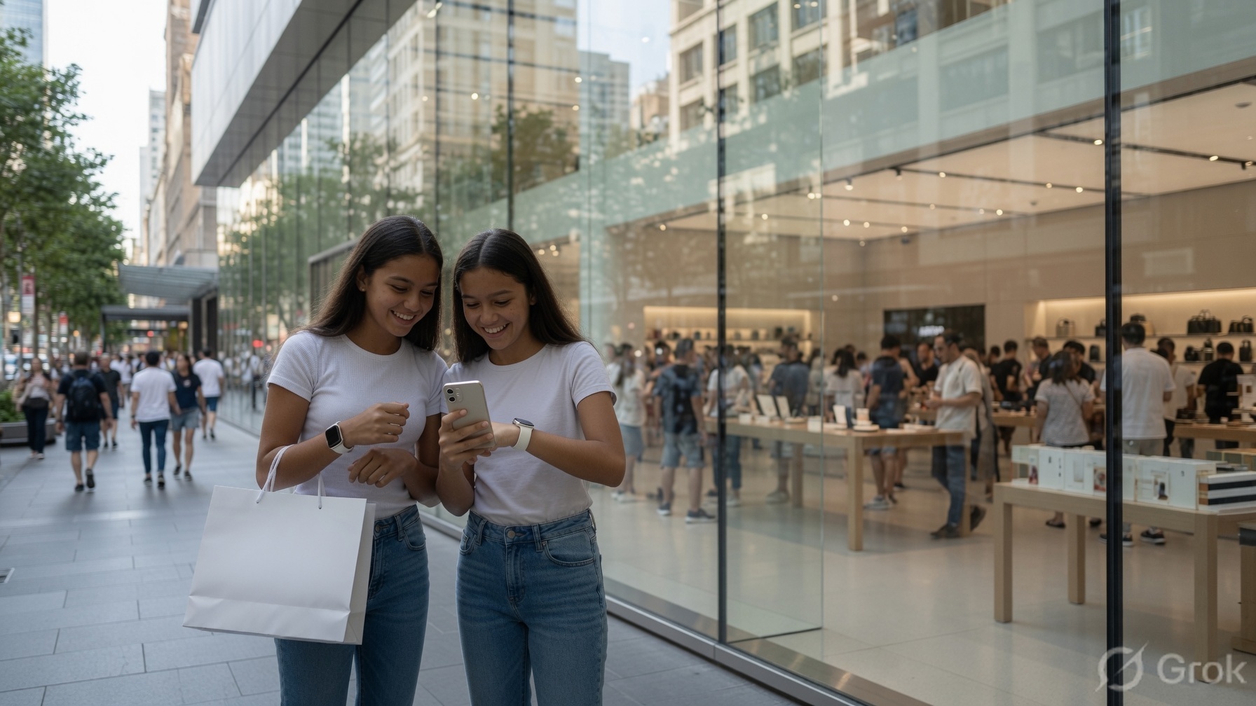 Two happy shoppers with a white bag outside a glass-fronted Apple-style store.