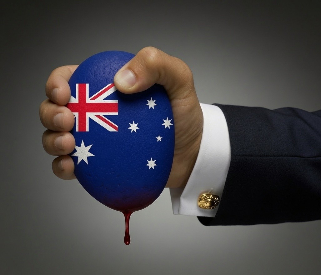 A hand squeezing an Australian flag stone with a drop of blood — a metaphor for fairness and pressure on Australians.